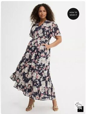 Torrid Floral V-Neck Maxi Dress in Navy with Pink & White Blossoms